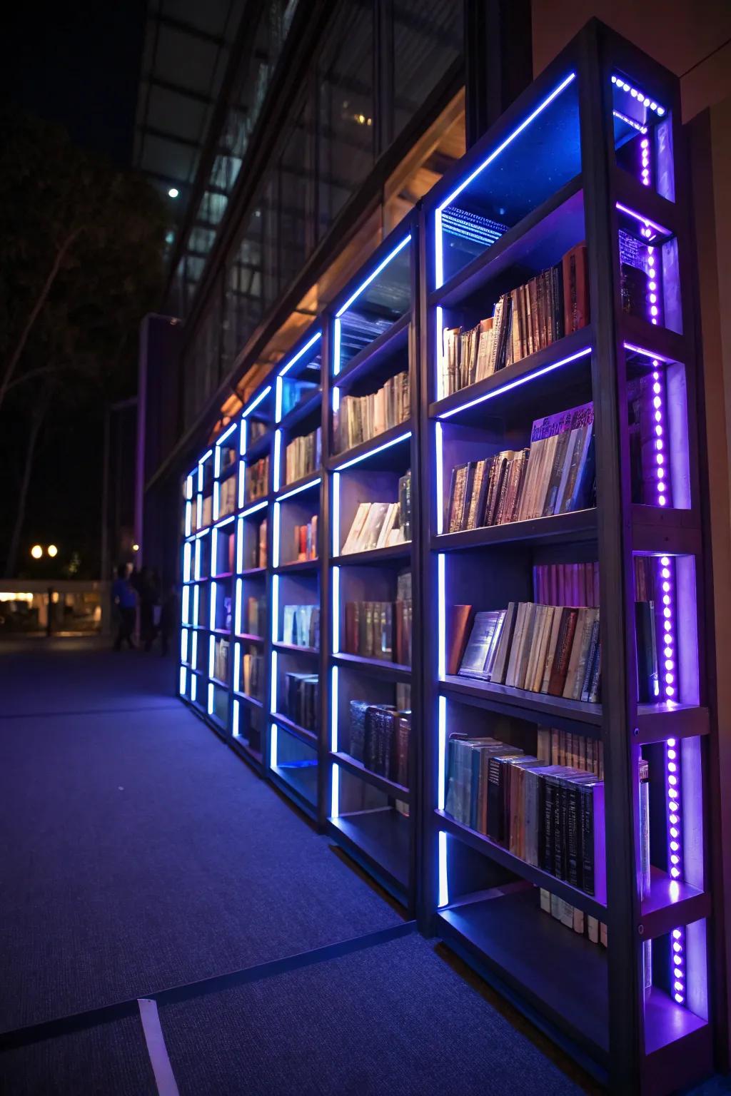 Lit bookshelves showcase your collection with a comforting shimmer.