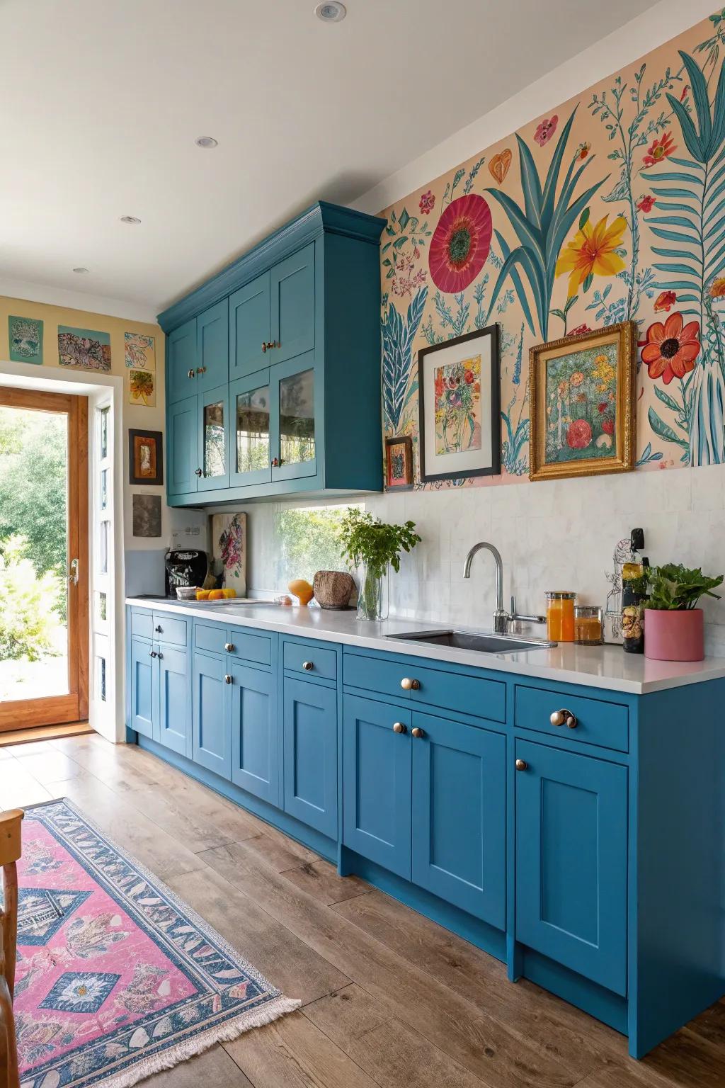 Artistic components in the cooking area personalize the zone and enhance azure cupboards.