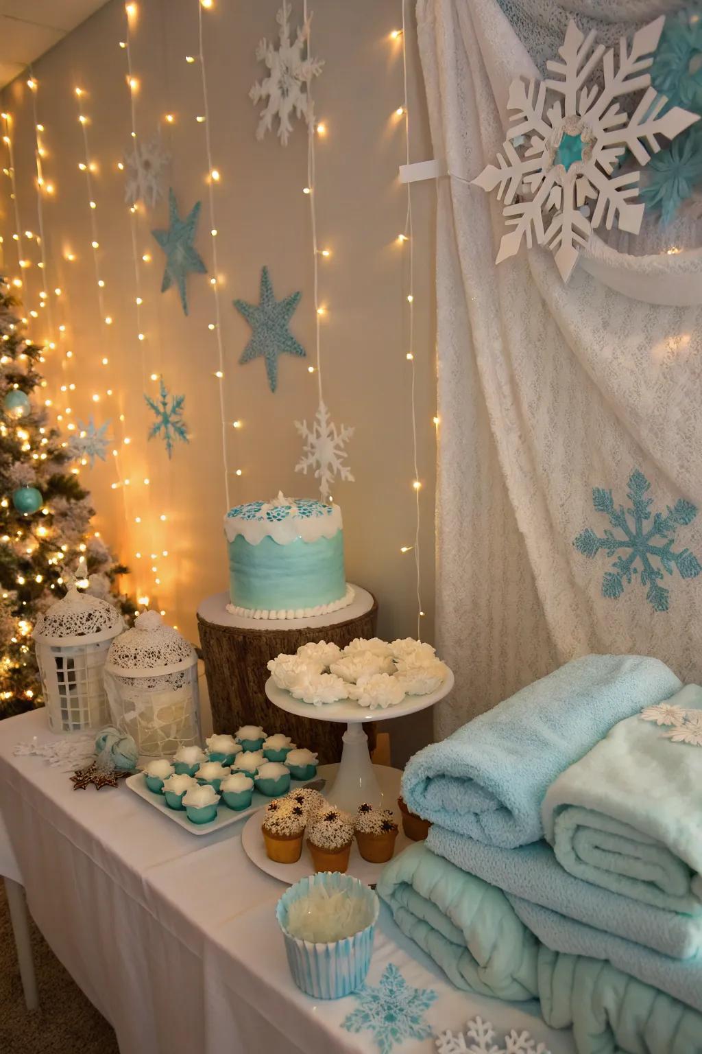 Winter-themed baby shower featuring cool and cozy decorations