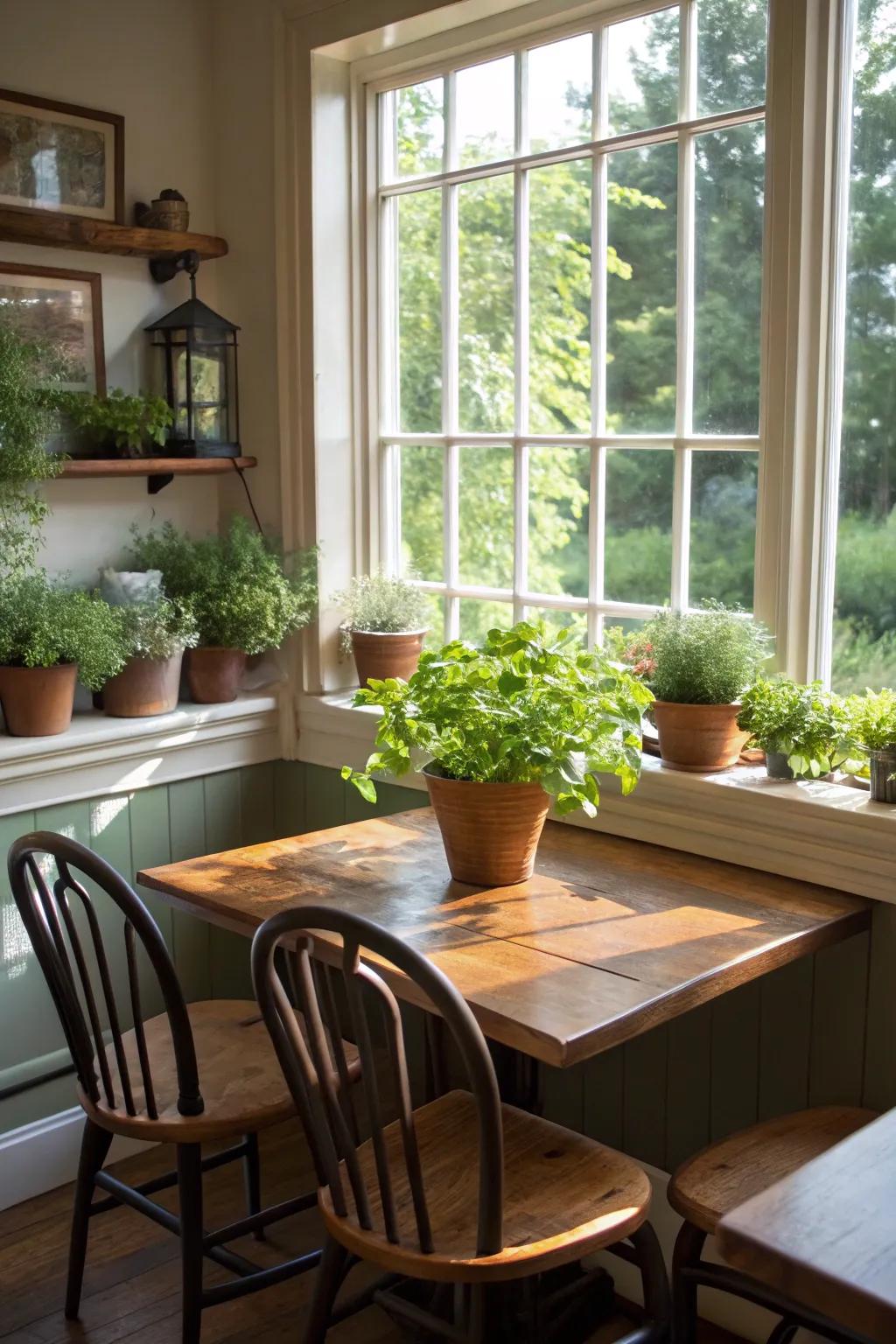 A window herb garden brings some freshness and usefulness to your nook.