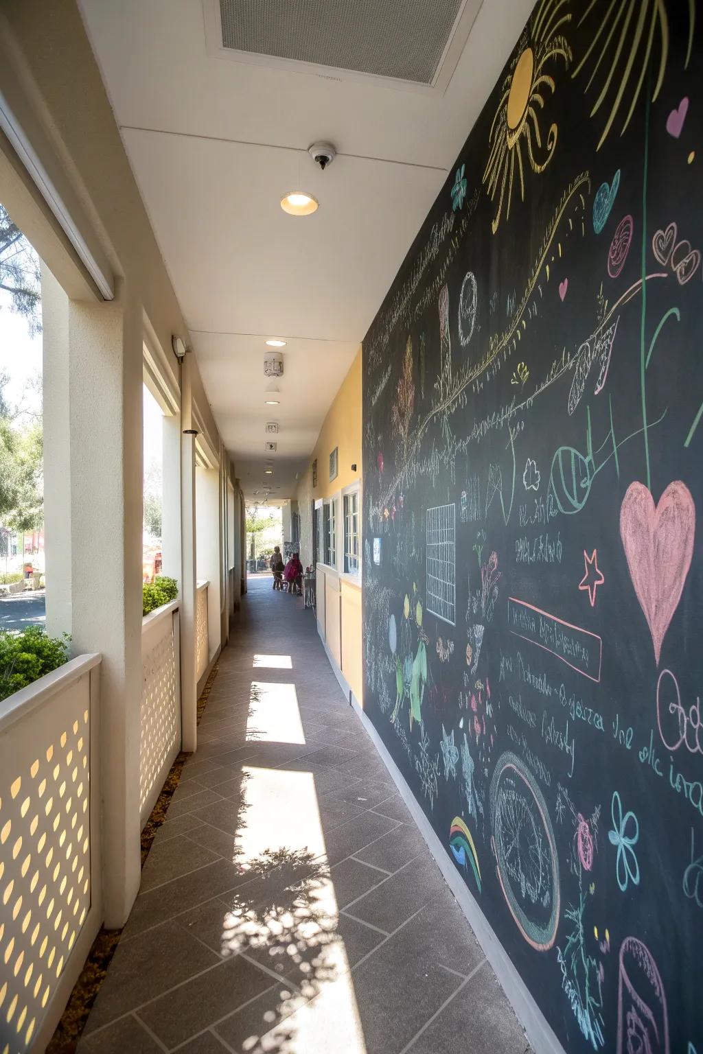 An interactive chalkboard wall that invites creativity in the breezeway.