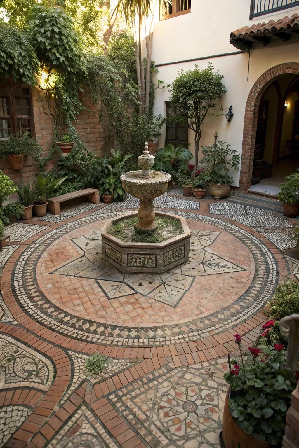 Mosaic blockwork patterns fashion captivating and artistic outdoor centerpieces.