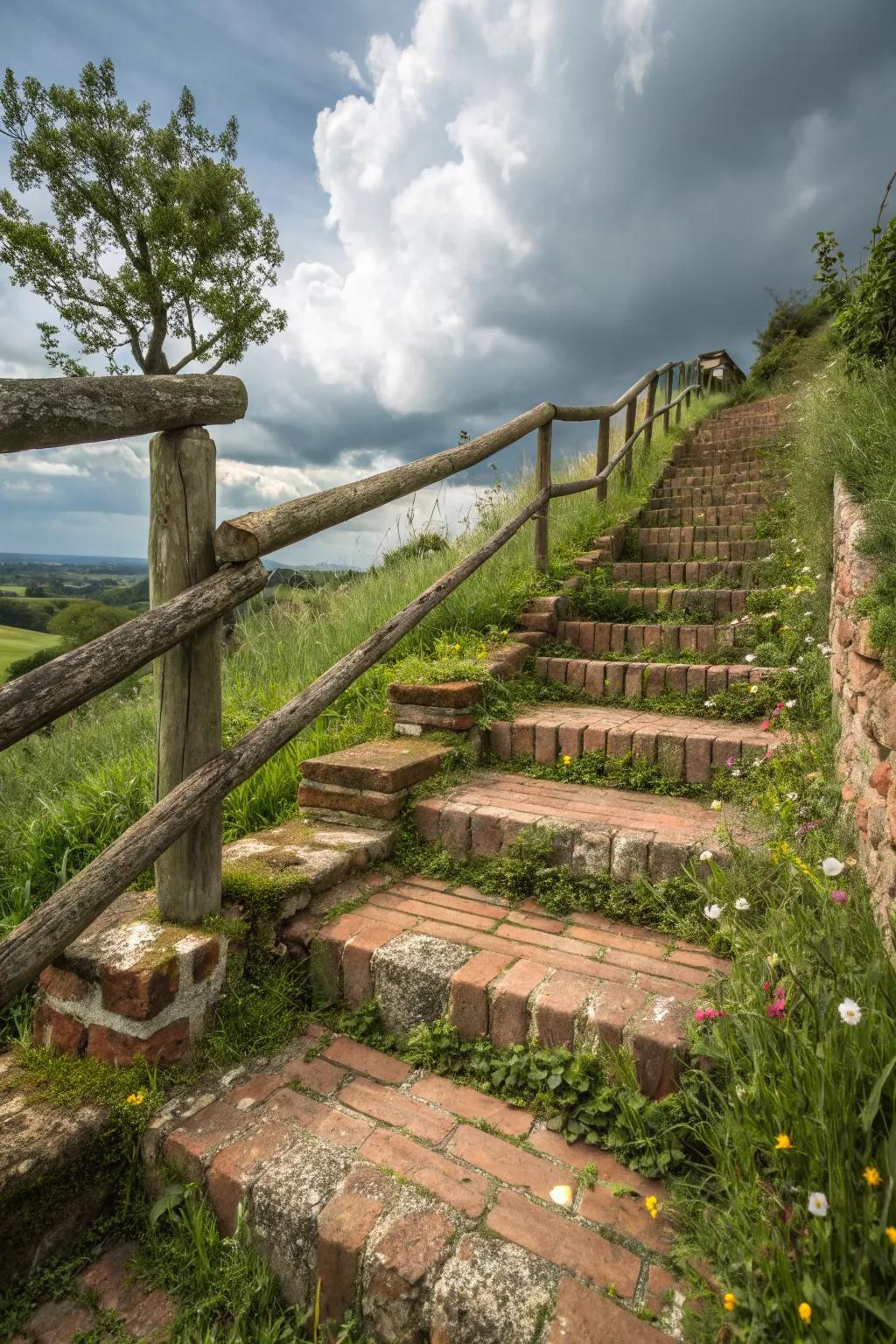 Country brick steps with lumber edgings crafting a cozy sensation.