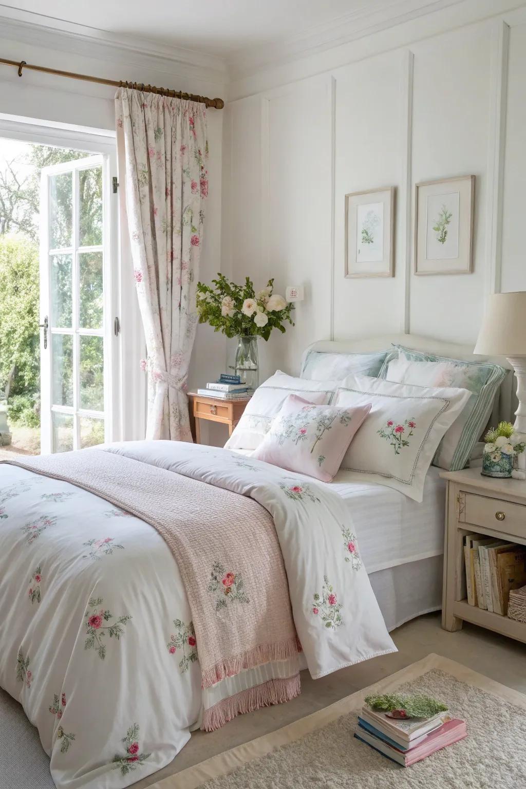 Seasonal bedding keeps the bedroom cozy year-round.