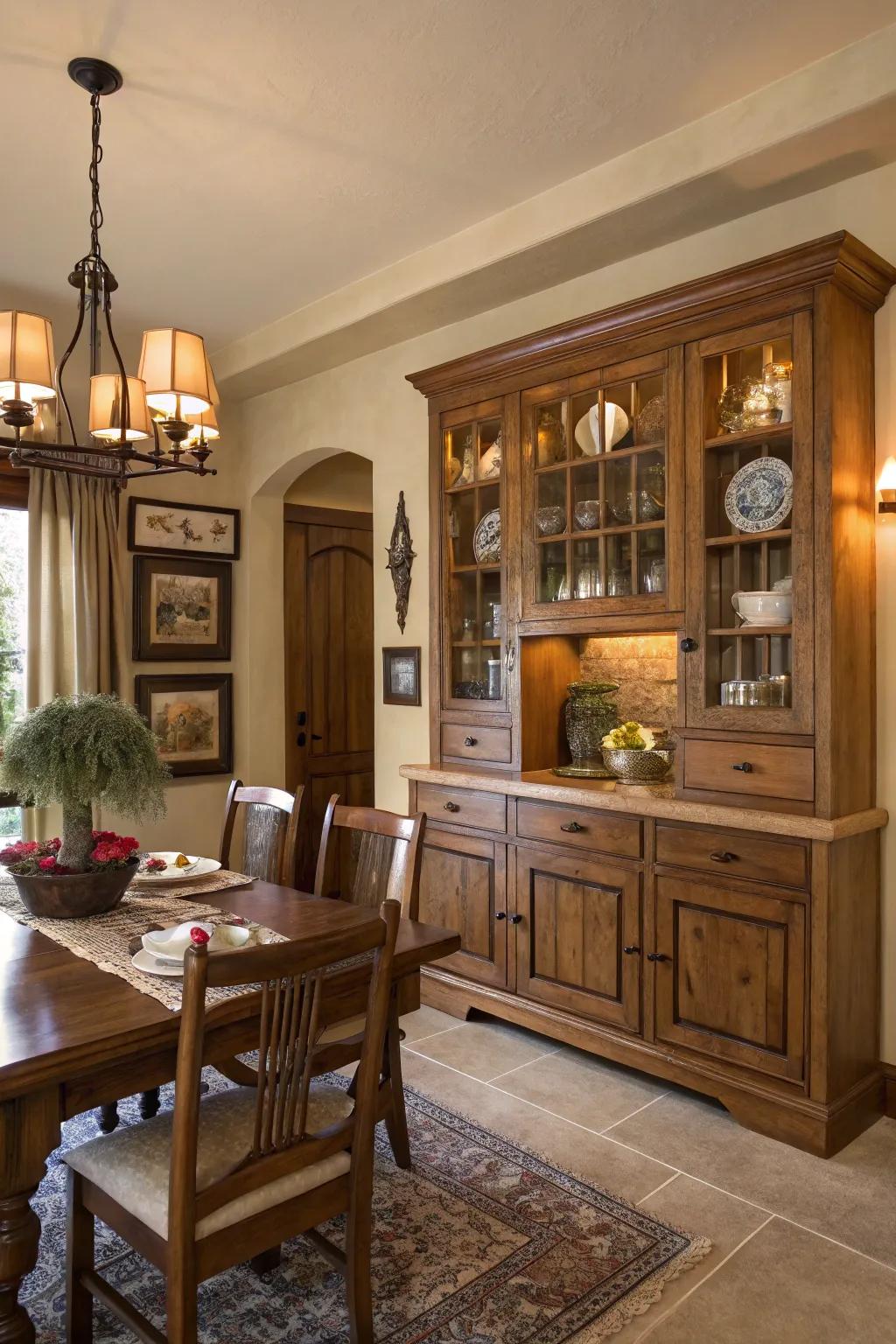 Dining area enhanced with vintage details through built-in cabinetry.