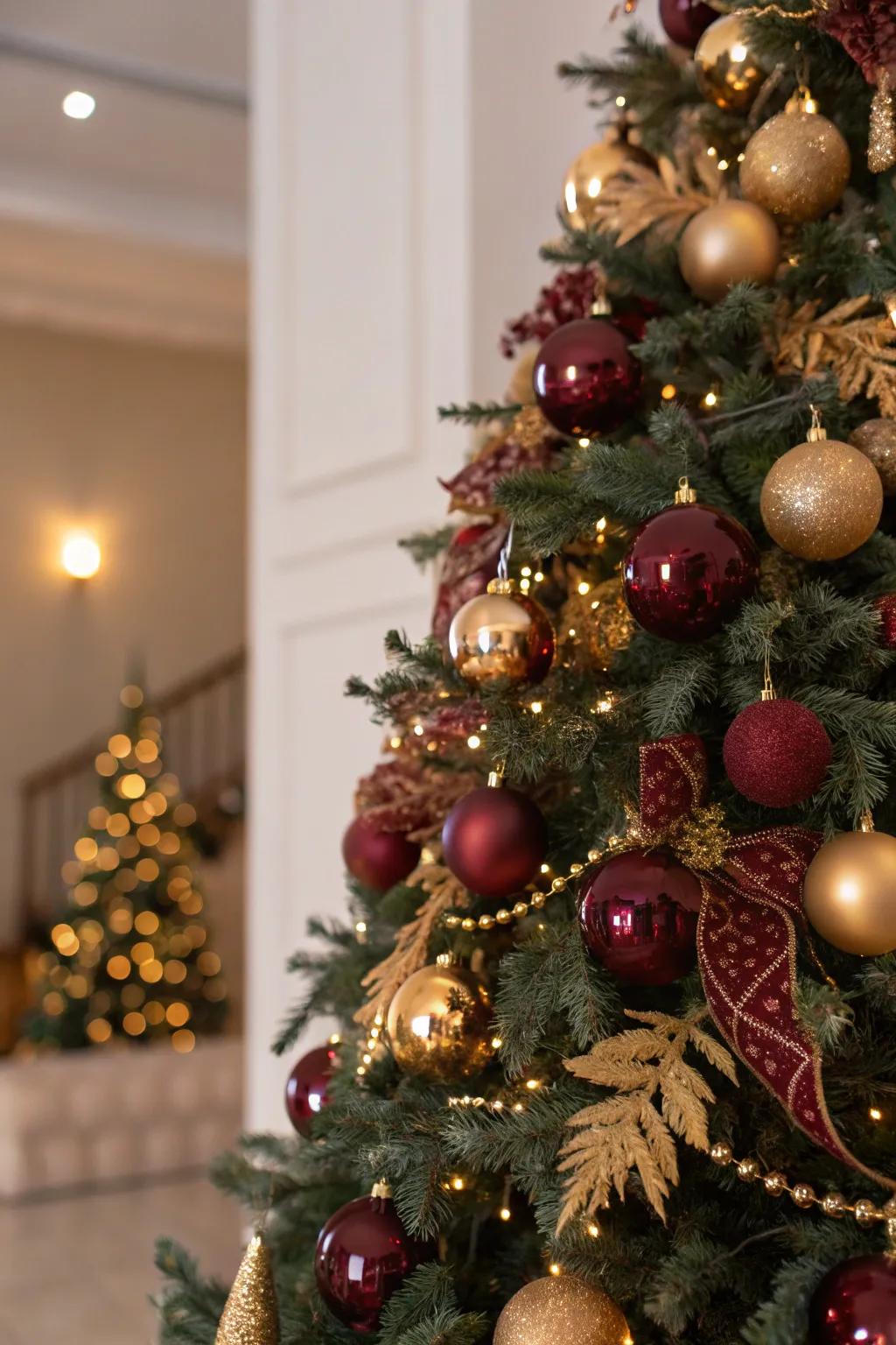 Metallic accents impart shimmer and festivity to the tree.