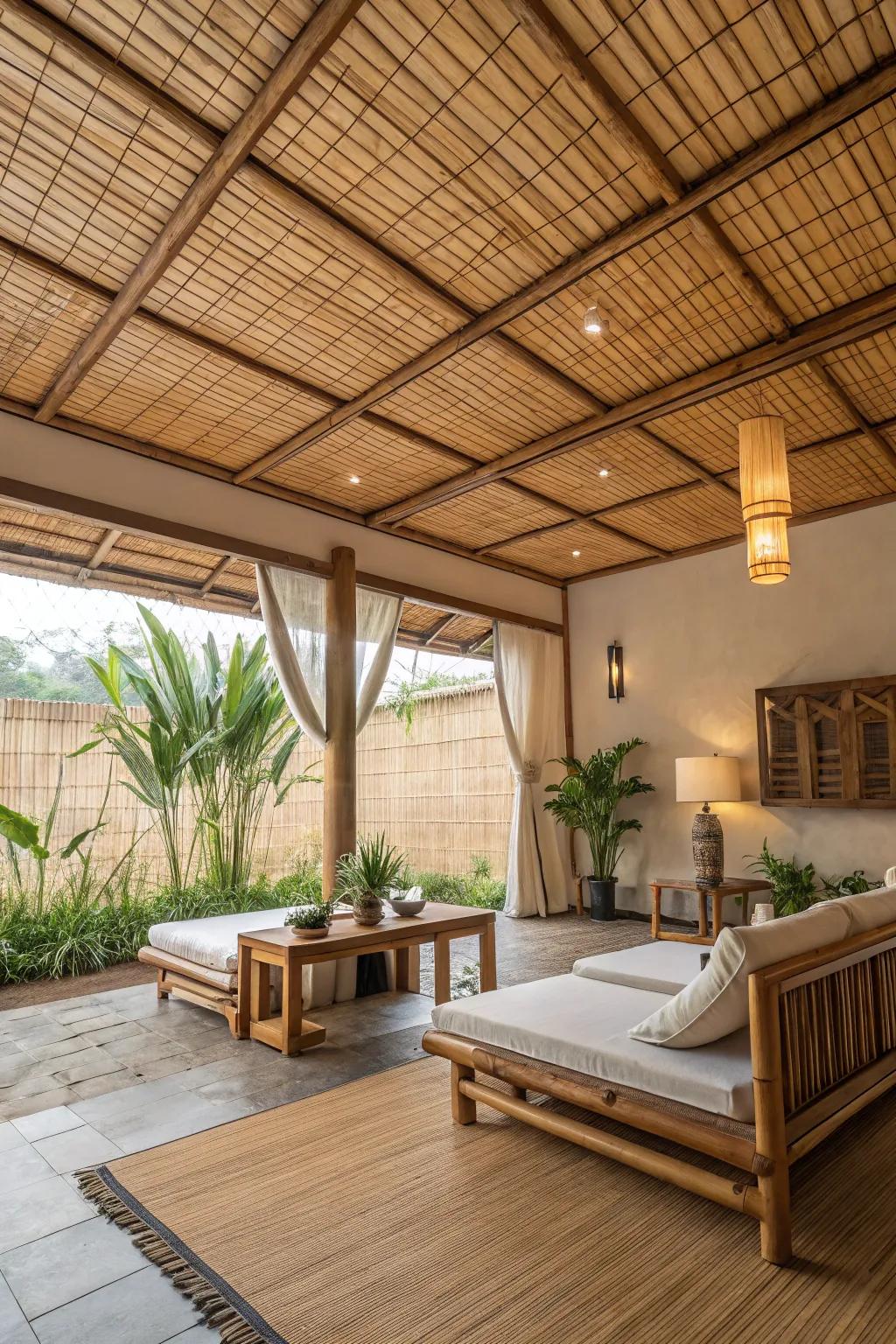 A tranquil room features bamboo ceiling shingles for a natural touch.