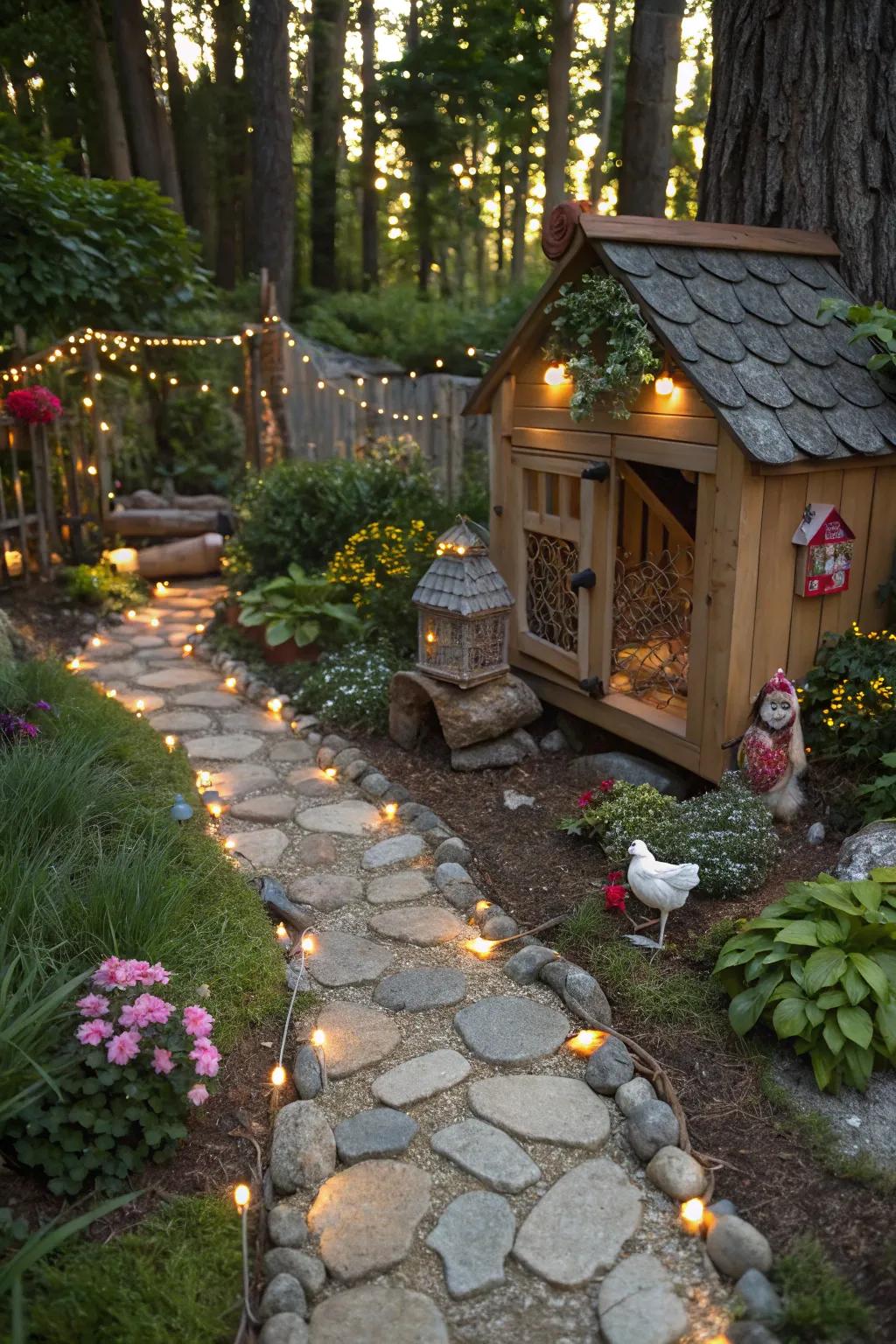 A fairy tale path injects whimsy and magic into the coop entrance.