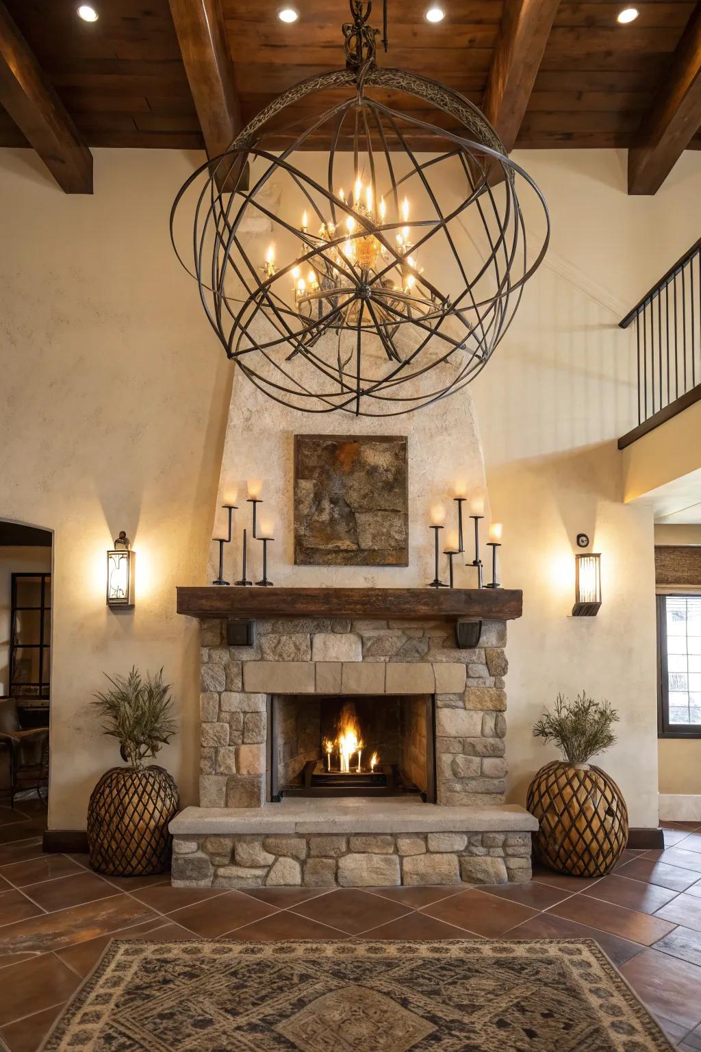An unexpected artistic installation above the fireplace captivates and transforms the space.