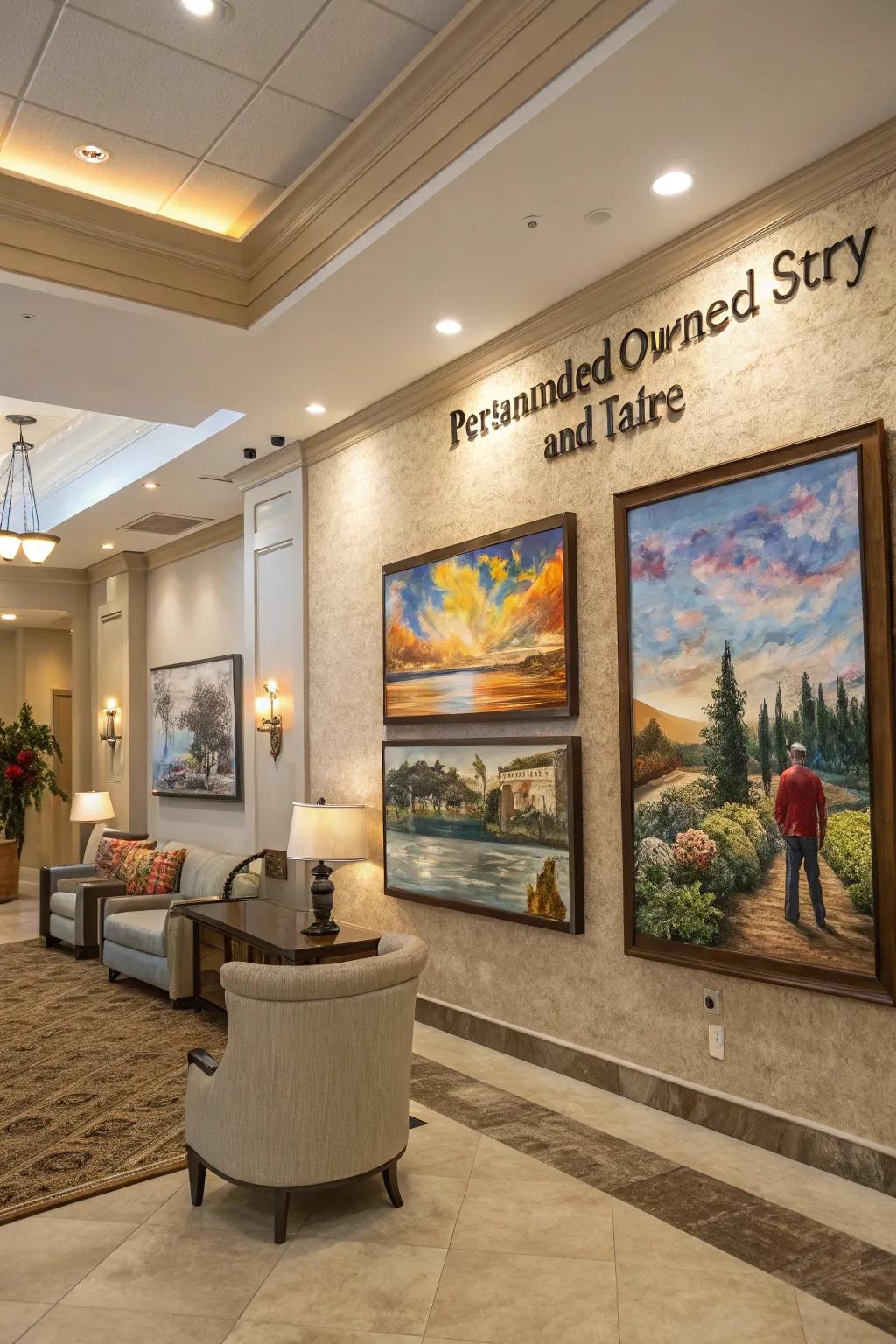 Personalized art injecting uniqueness and meaning to the lobby.