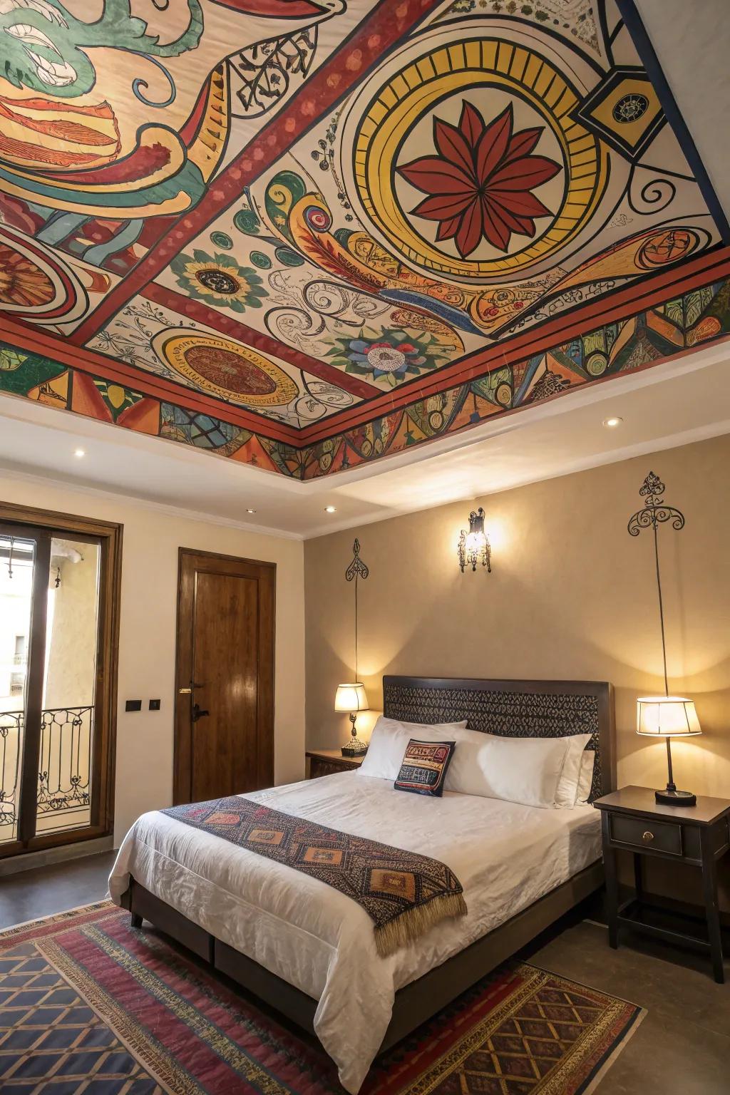 A lively overhead adds unexpected interest to this bedroom.
