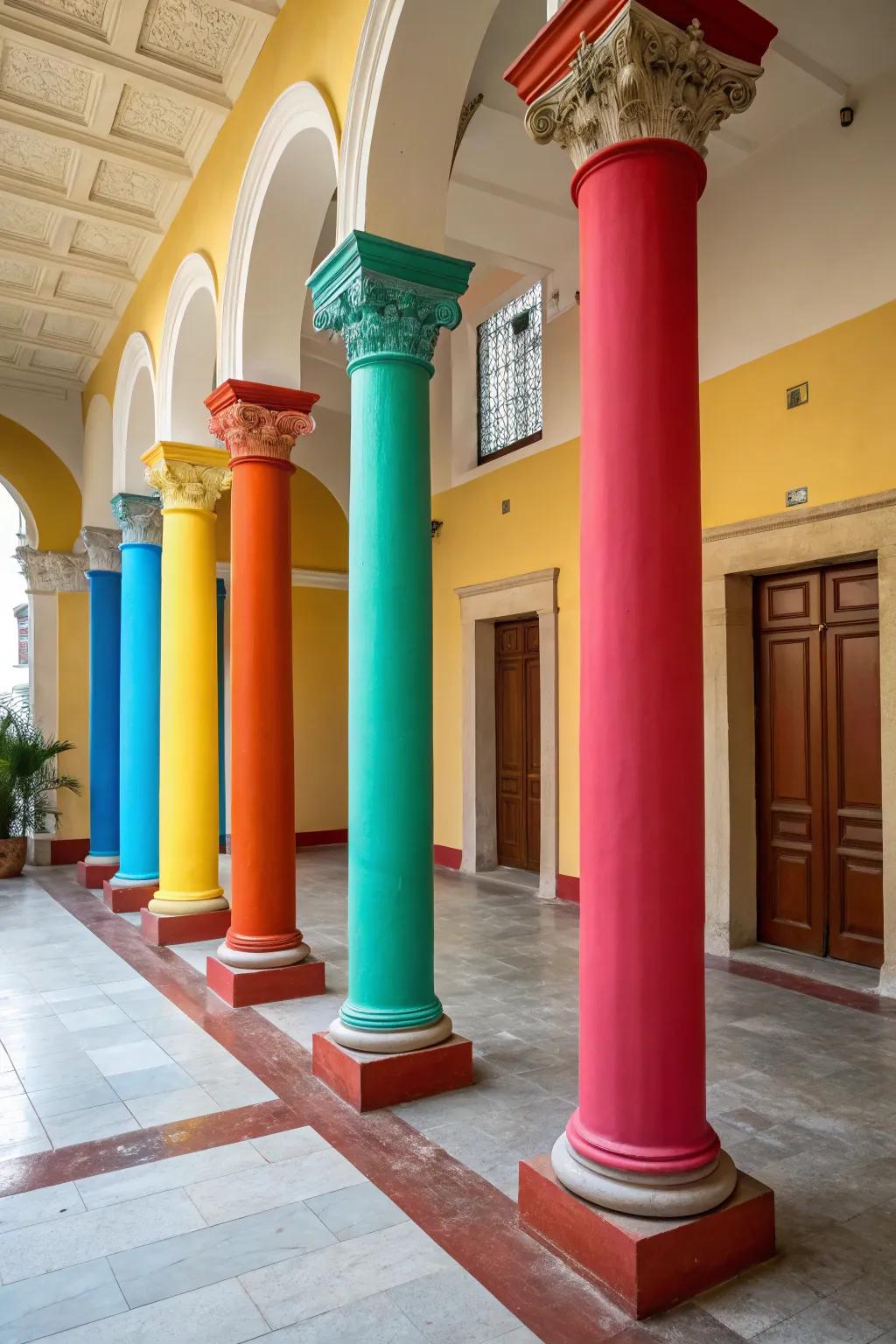 Boldly colored columns add a vibrant touch to a neutral interior.