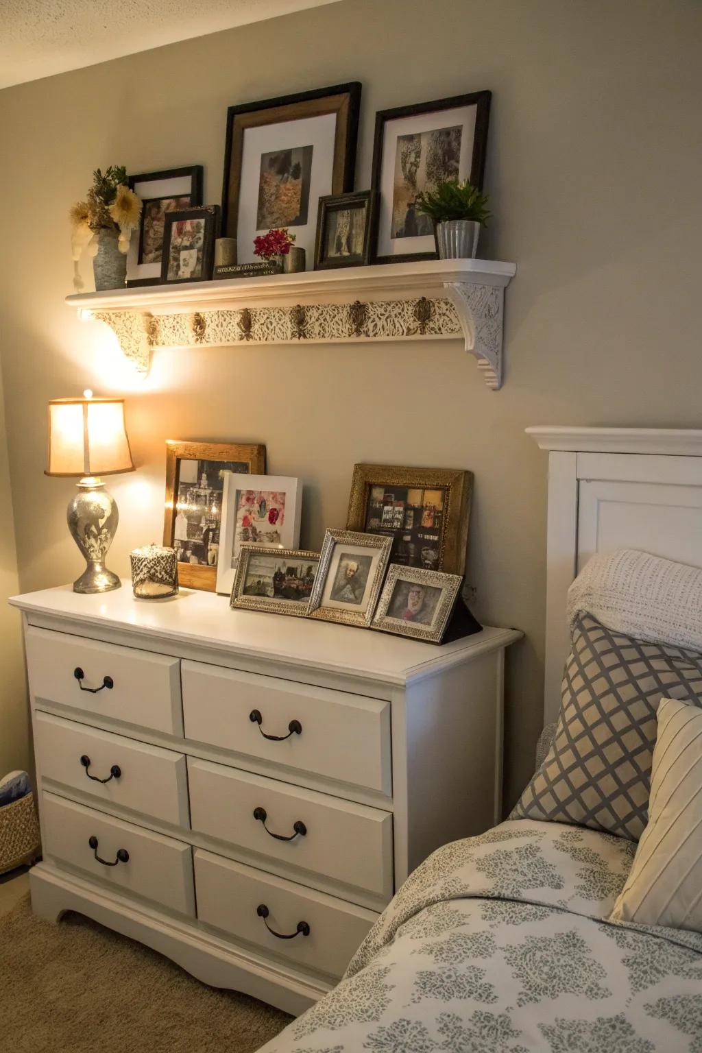 Shelves with supports inject intimate impressions within resting quarters.