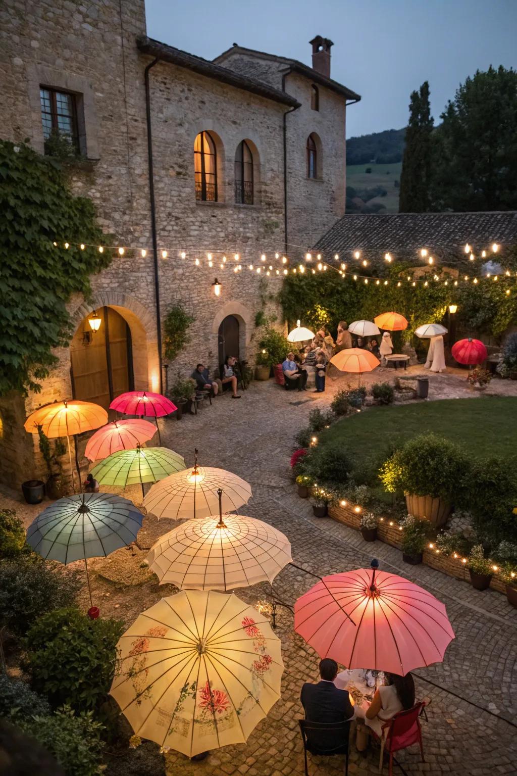 Lighted shades add a party flair to the patio.
