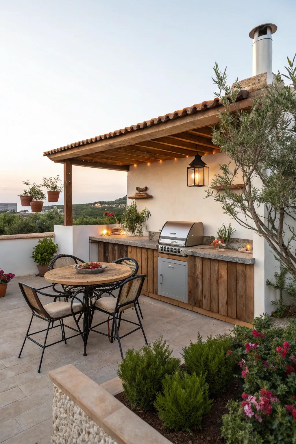 A cozy dining nook makes for intimate meals under the stars.