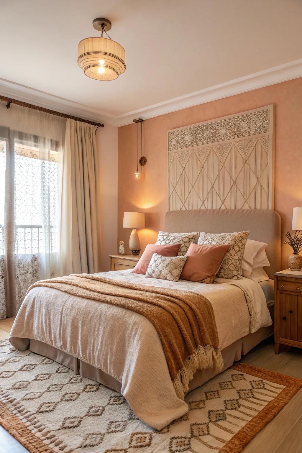 A bedroom merging blush pigments with a muted brown base, culminating in a warmly inviting scene.
