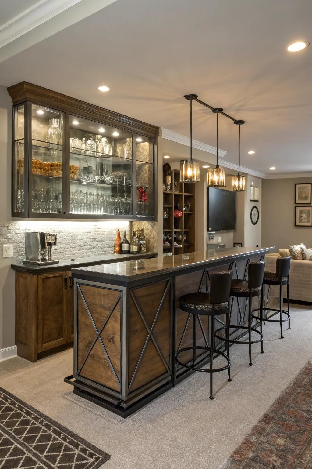 A dynamic bar design with a mix of textures like metal and wood.