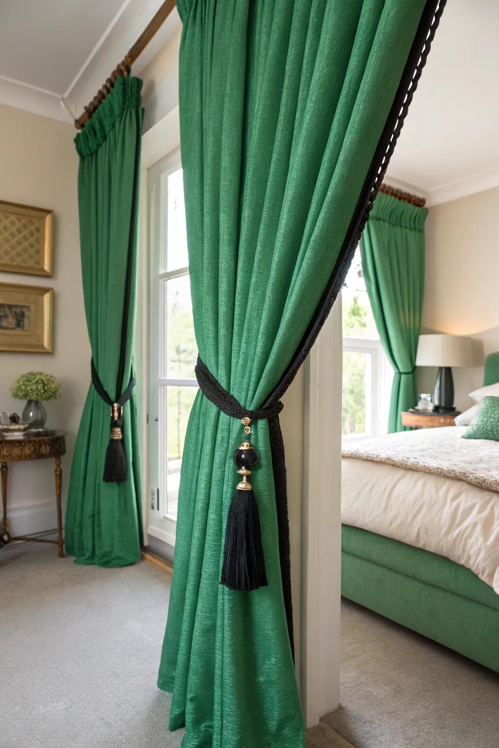 Green window coverings with charcoal tiebacks craft an eye-catching aesthetic.
