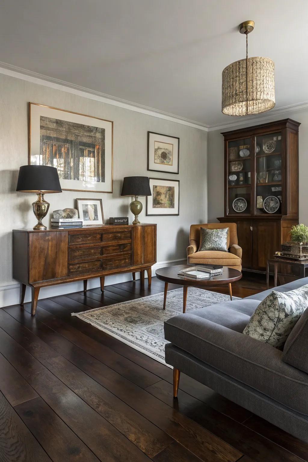 An artistic blend of styles with wood floors as the base.