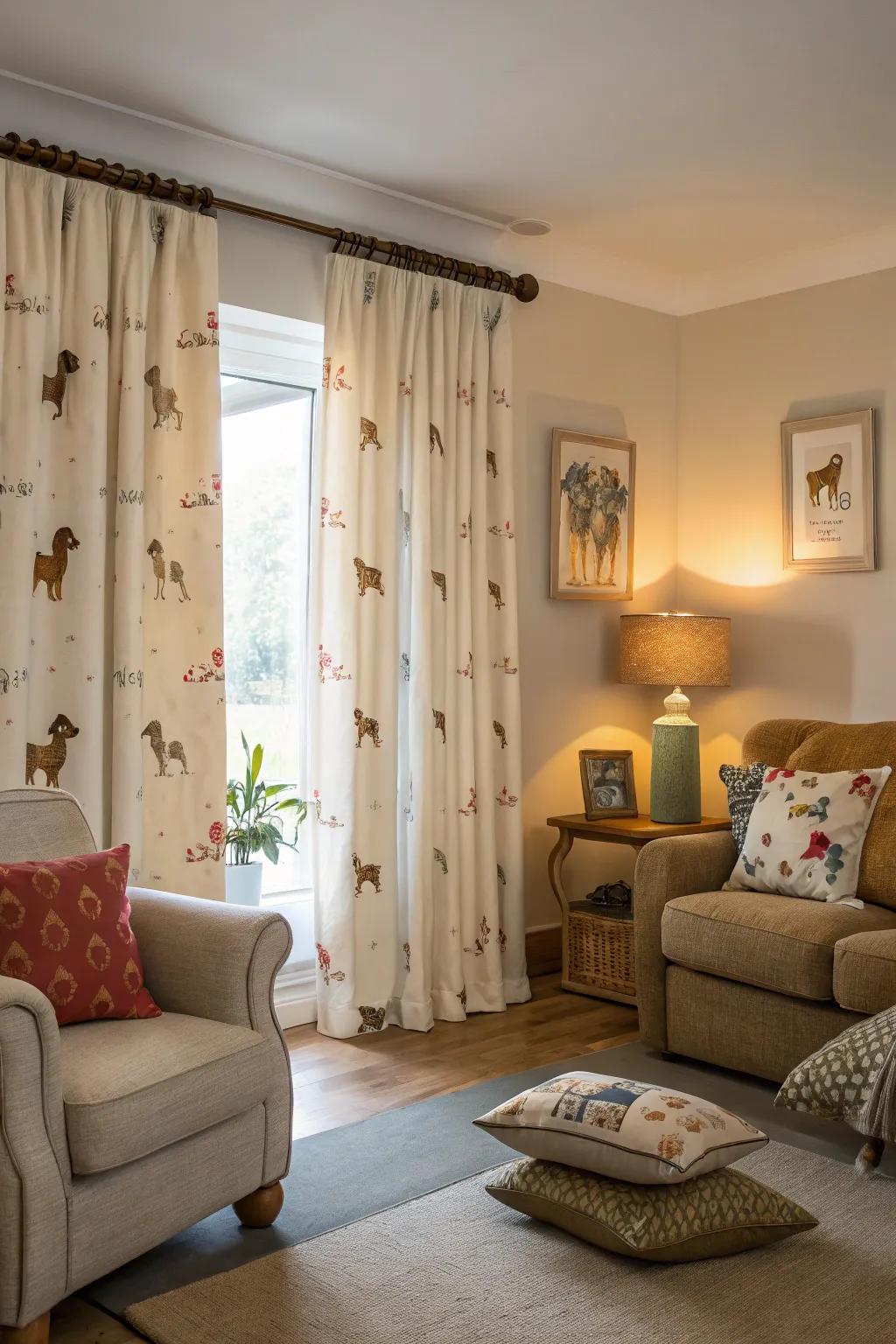 Introduce a playful flair with canine-embroidered window treatments.