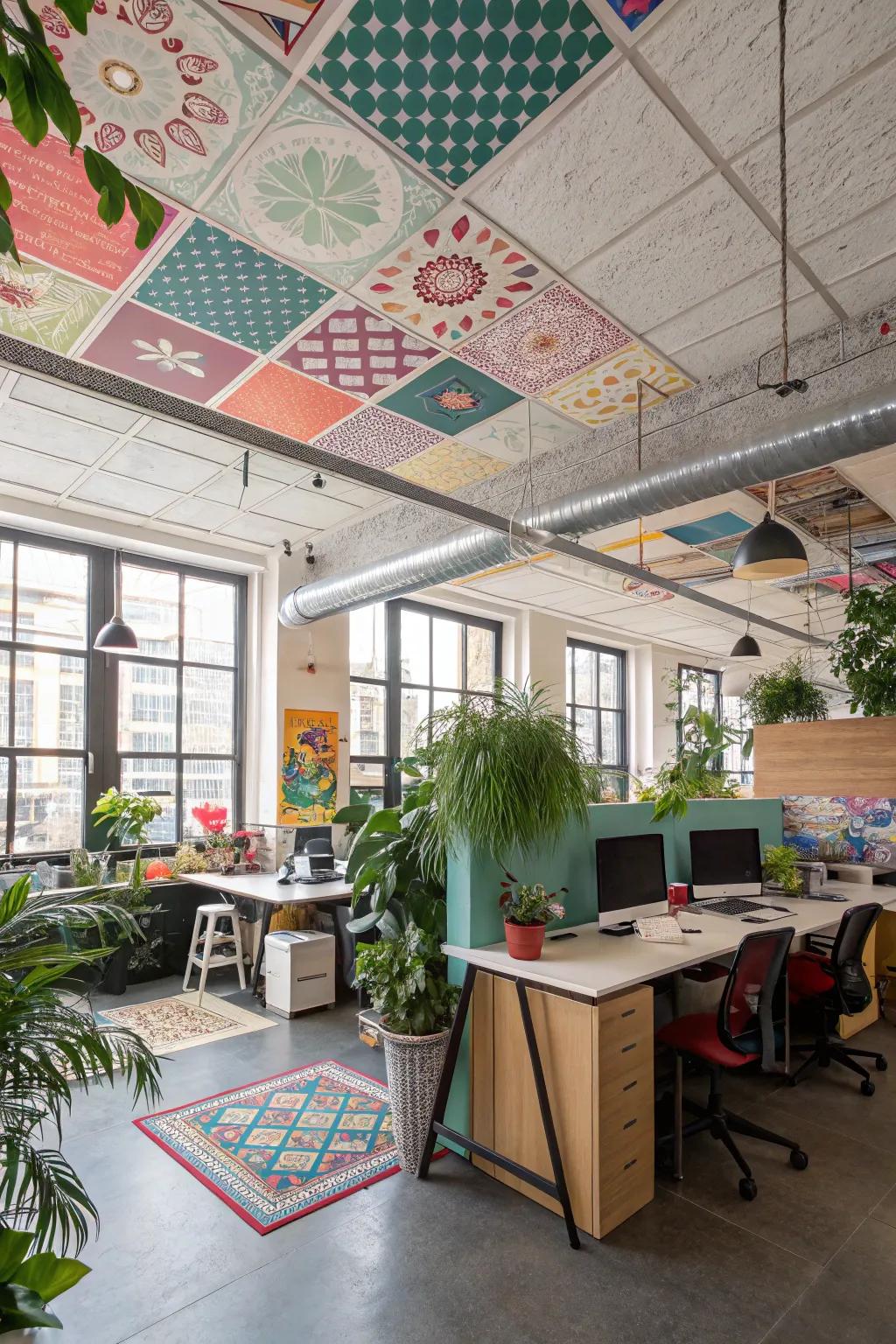 Unique design achieved by mixing and matching various ceiling squares.