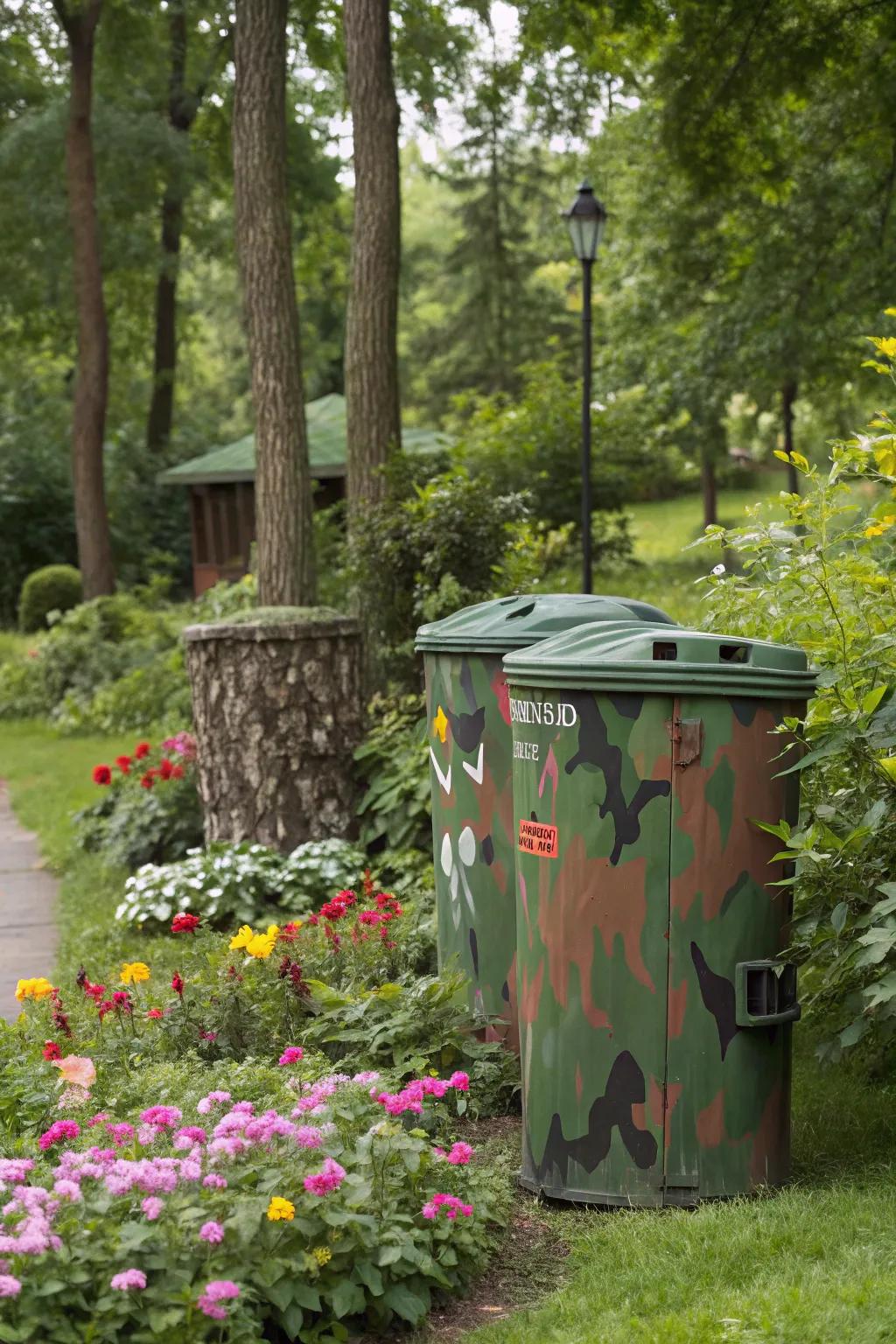 Mimetic coloring assists refuse containers in assimilating seamlessly into their surroundings.