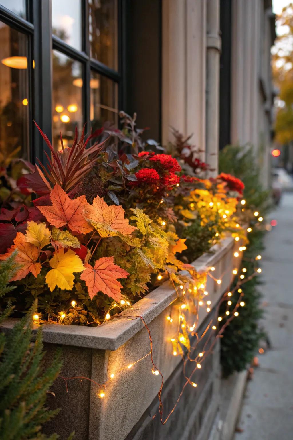 Starry lights add a magical glow to fall displays.