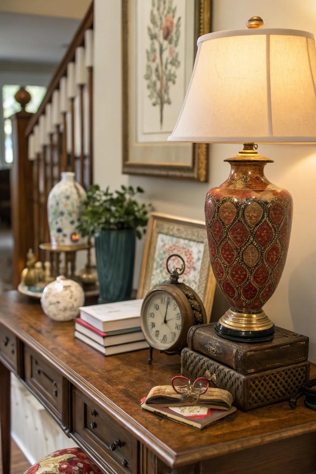 Eclectic touches add intrigue to entrances.