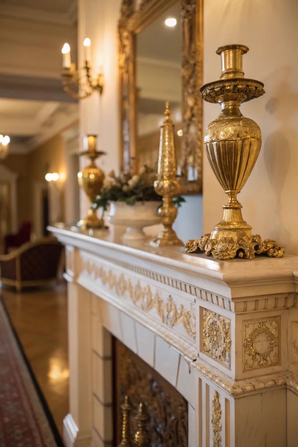 A fall mantel with a gilded radiance from metallic accents.