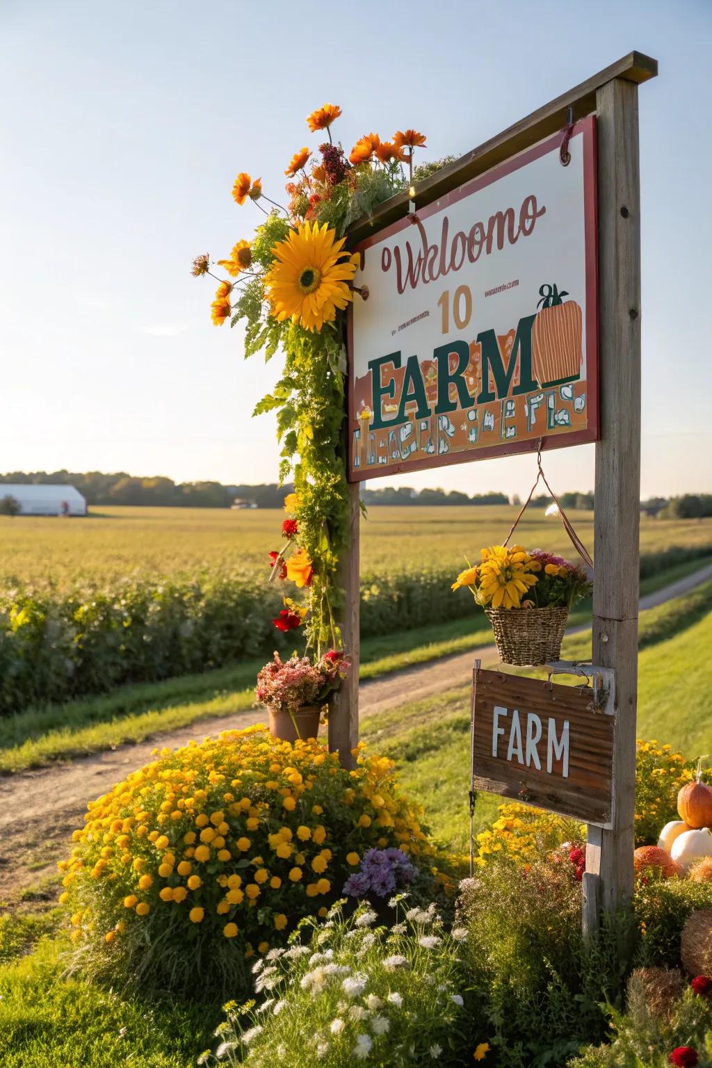 Seasonal touches that introduce a festive spirit to a farm sign.