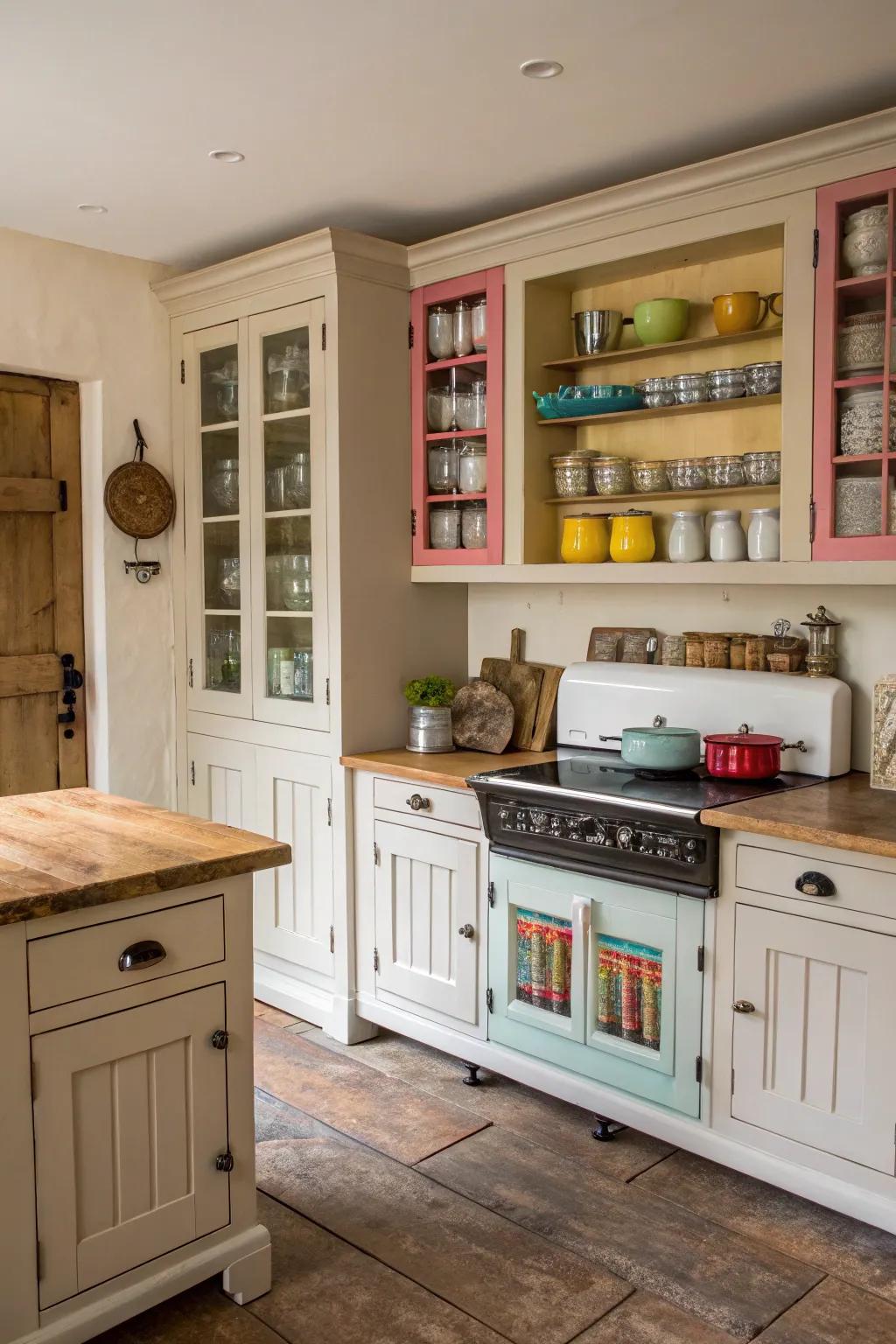Unexpected color inside cabinets adds a playful twist to a farmhouse kitchen.