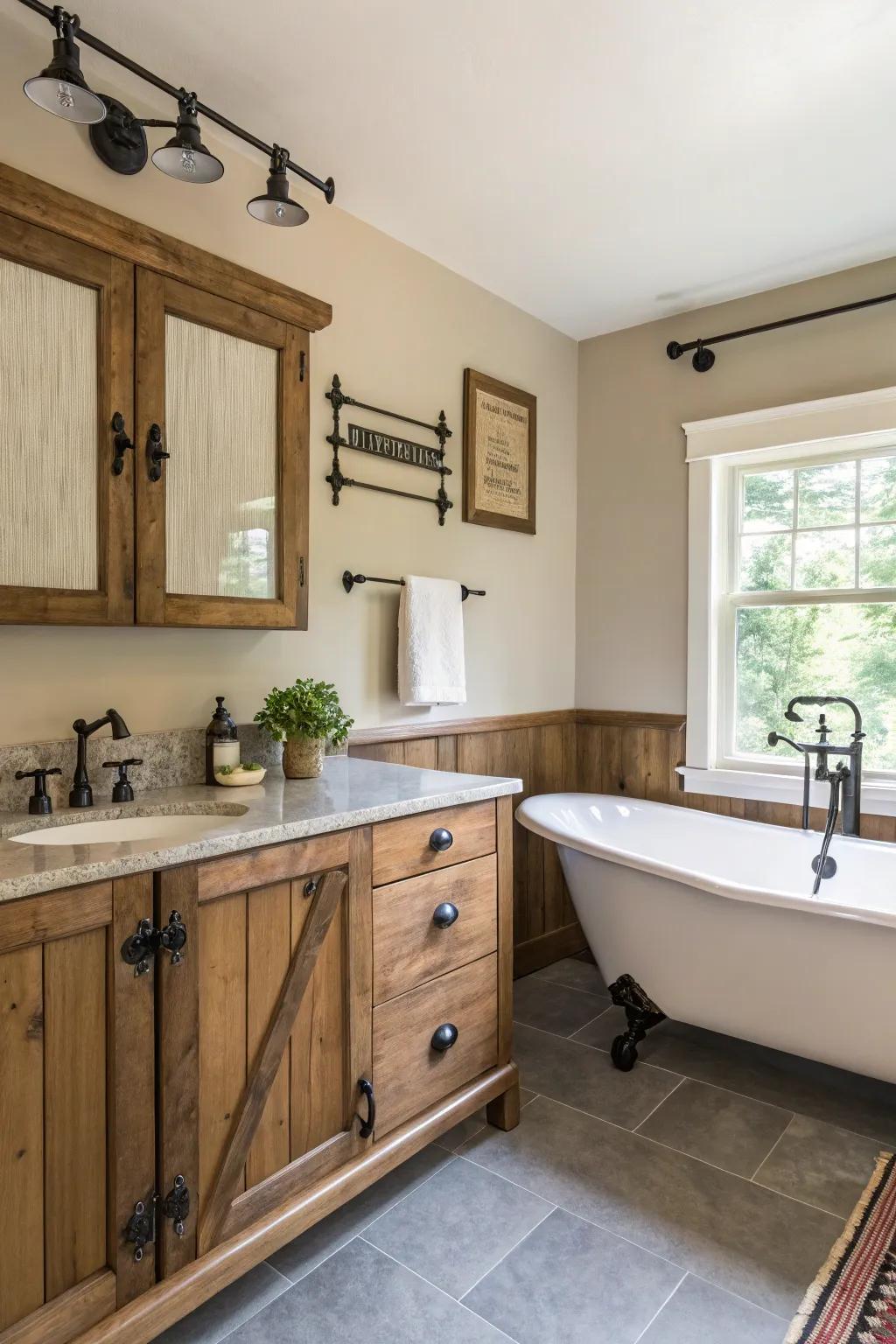 Striking hardware adds a focal detail to this farmhouse bathroom.