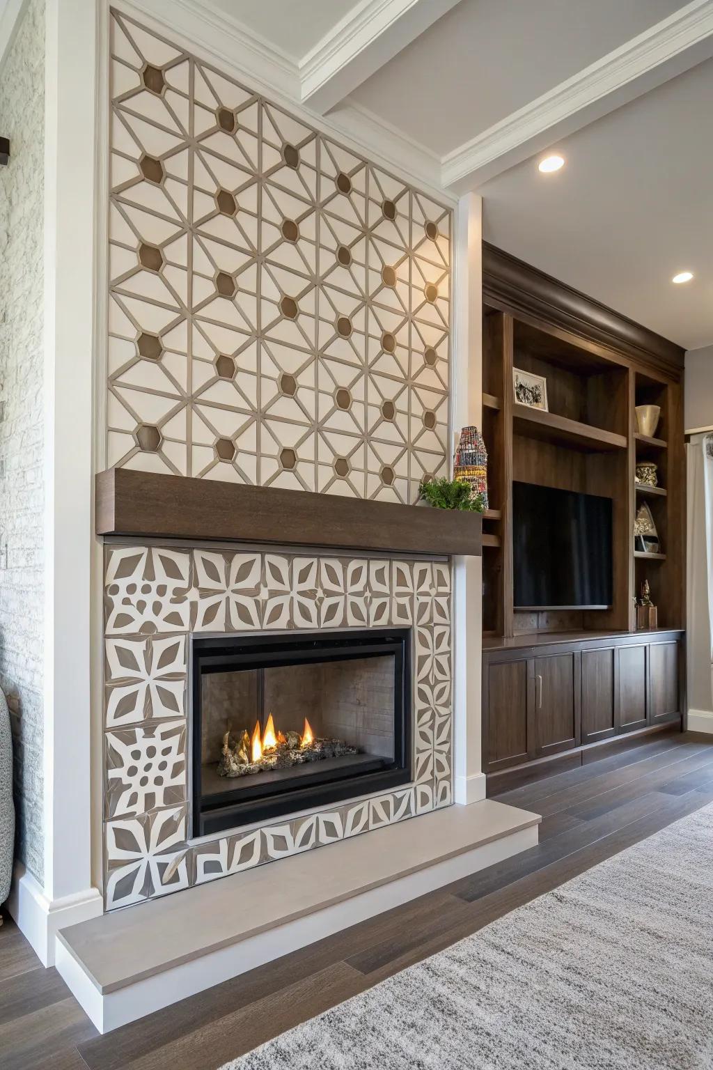 Geometric patterns add a contemporary twist to this fireplace.