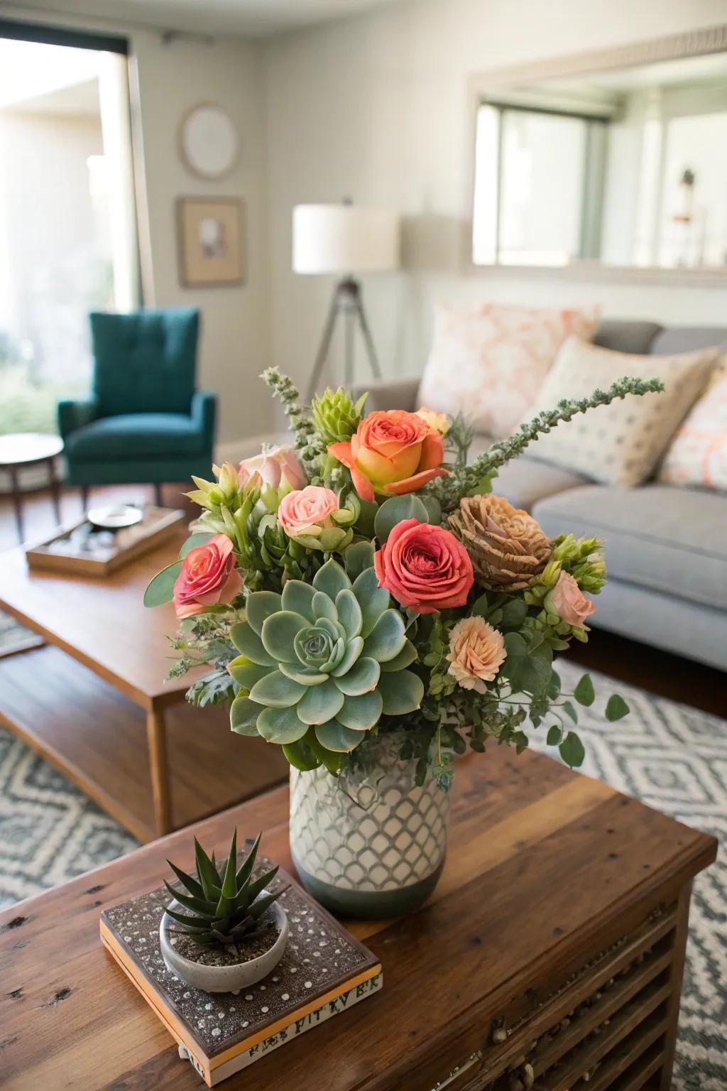 An unexpected arrangement of succulents and roses adding a modern touch to a living room.