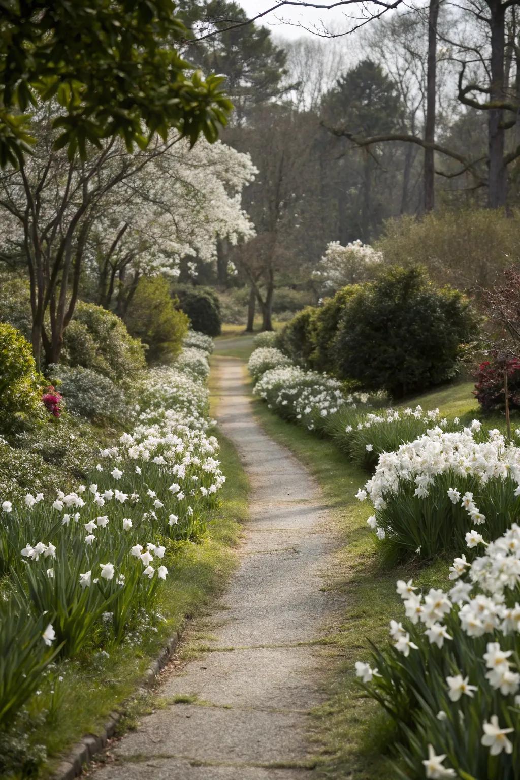 An ivory blossom route establishing a fairy-tale garden entrance.