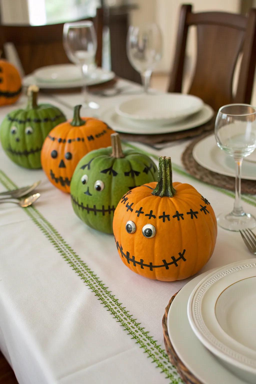Mini Frankenstein pumpkins make for a delightful and compact display.