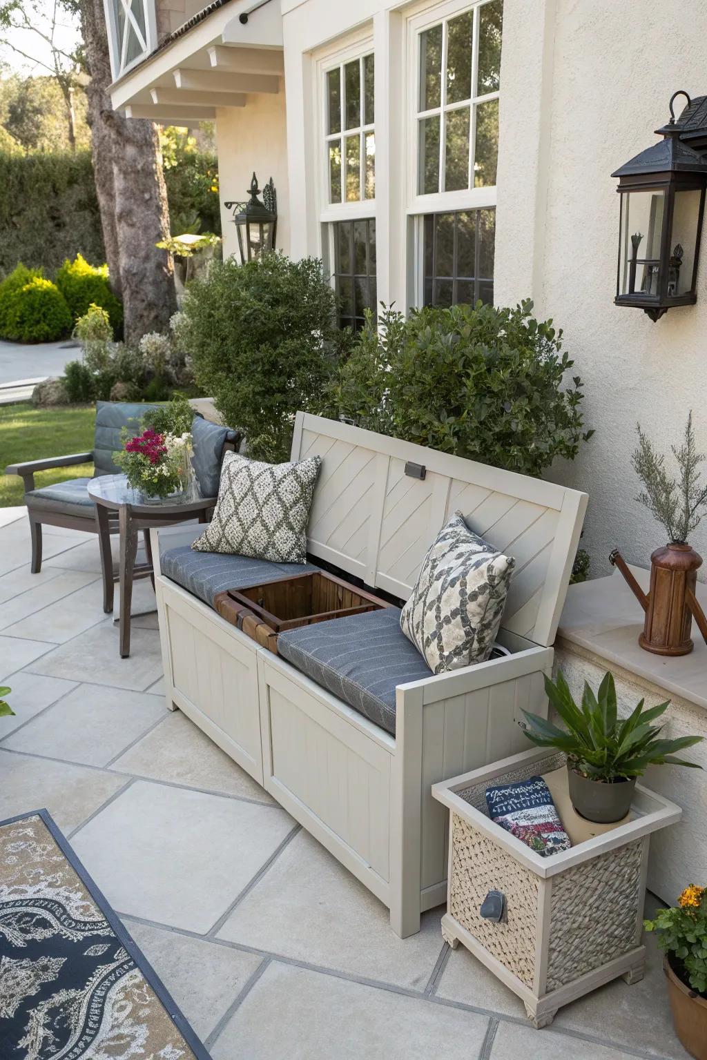 Multifunctional furnishings maximize utility and efficiency in patio spaces.