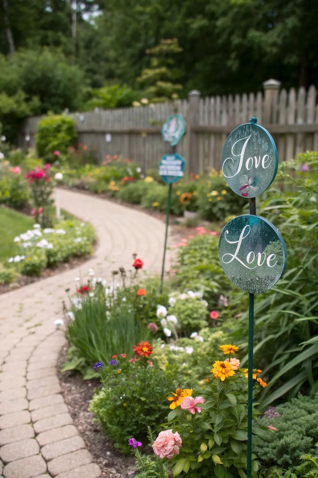 Personalized message stakes creating significant garden enhancements.