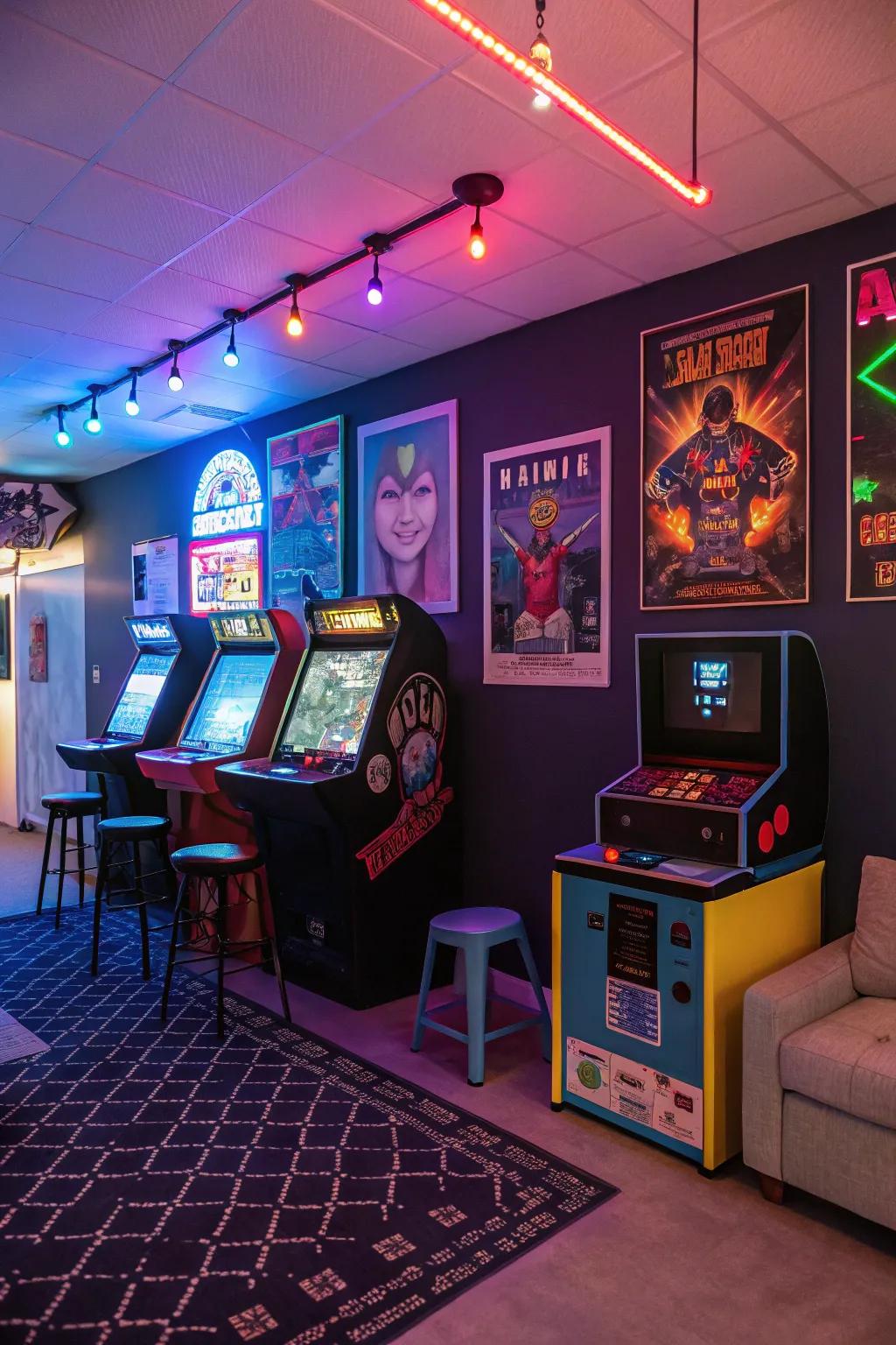 An arcade-themed space evokes nostalgia and classic gaming memories.
