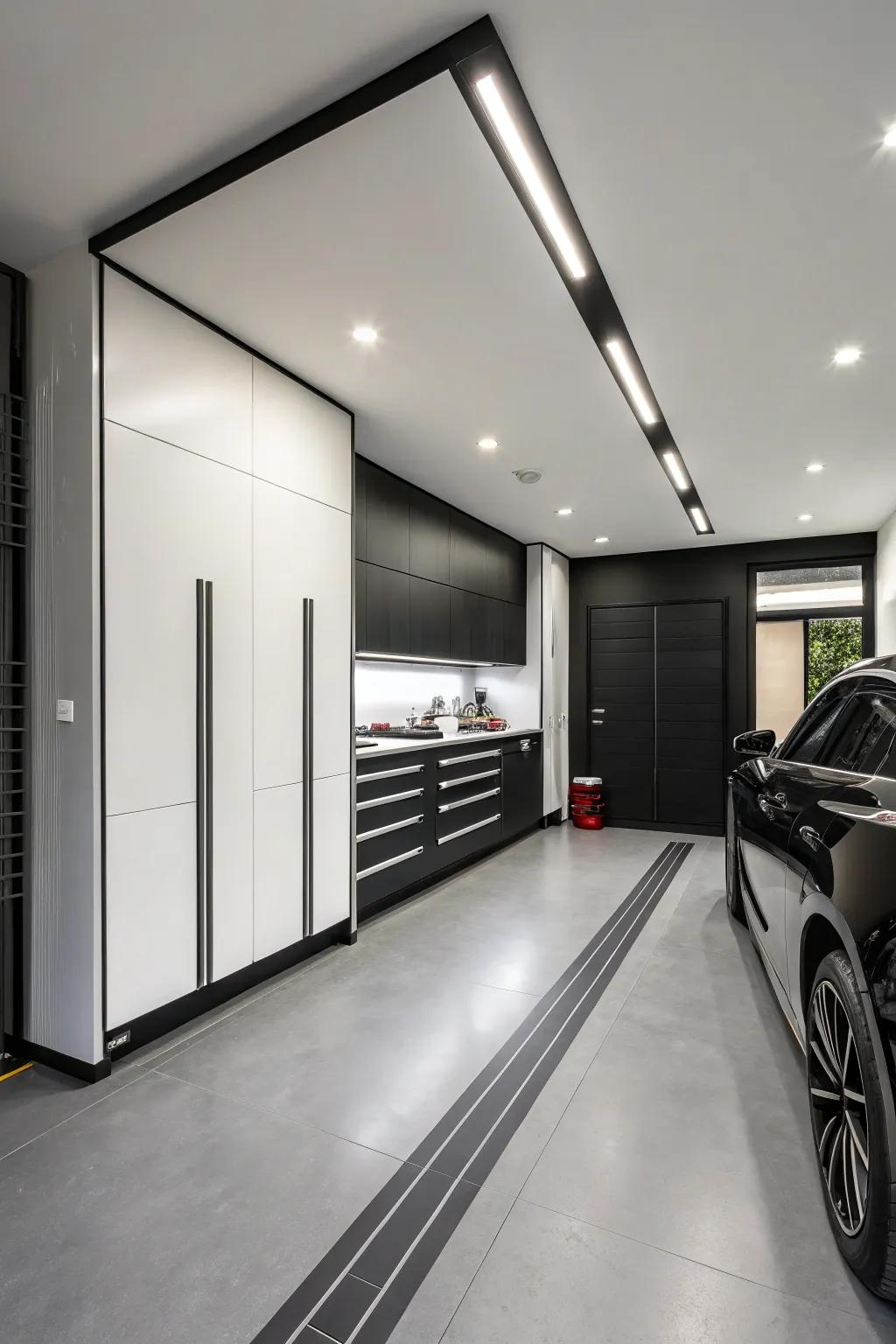 Black and white offers a sophisticated and timeless garage aesthetic.