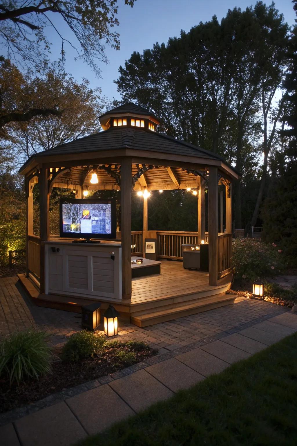 Your outdoor entertainment is elevated by an integrated sound system.