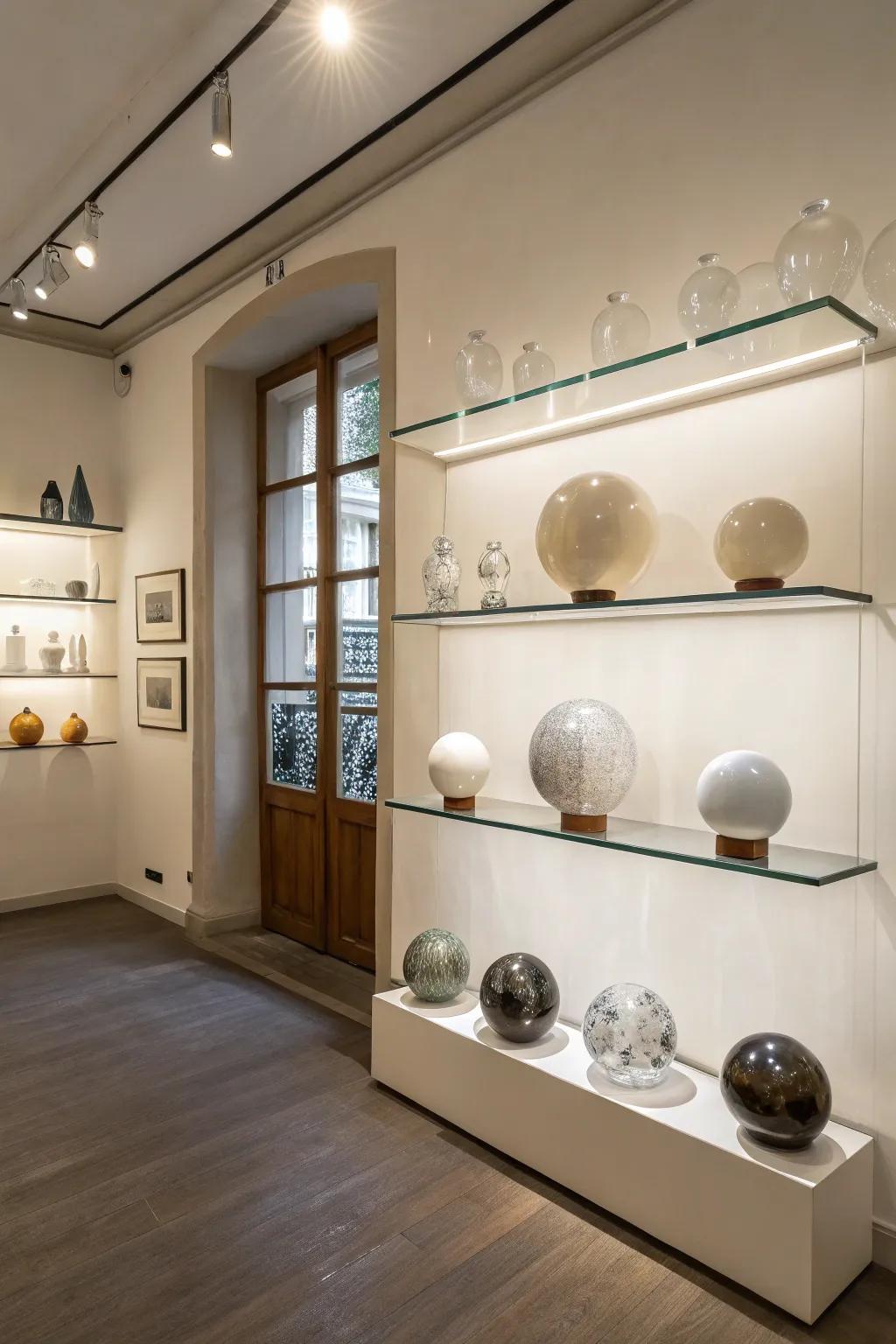 Showcase crystal charm through shelves.