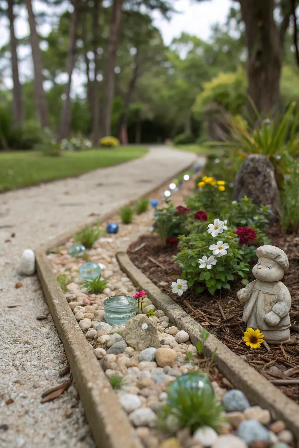 A pebble garden bed characterized by whimsy and showcasing playful elements