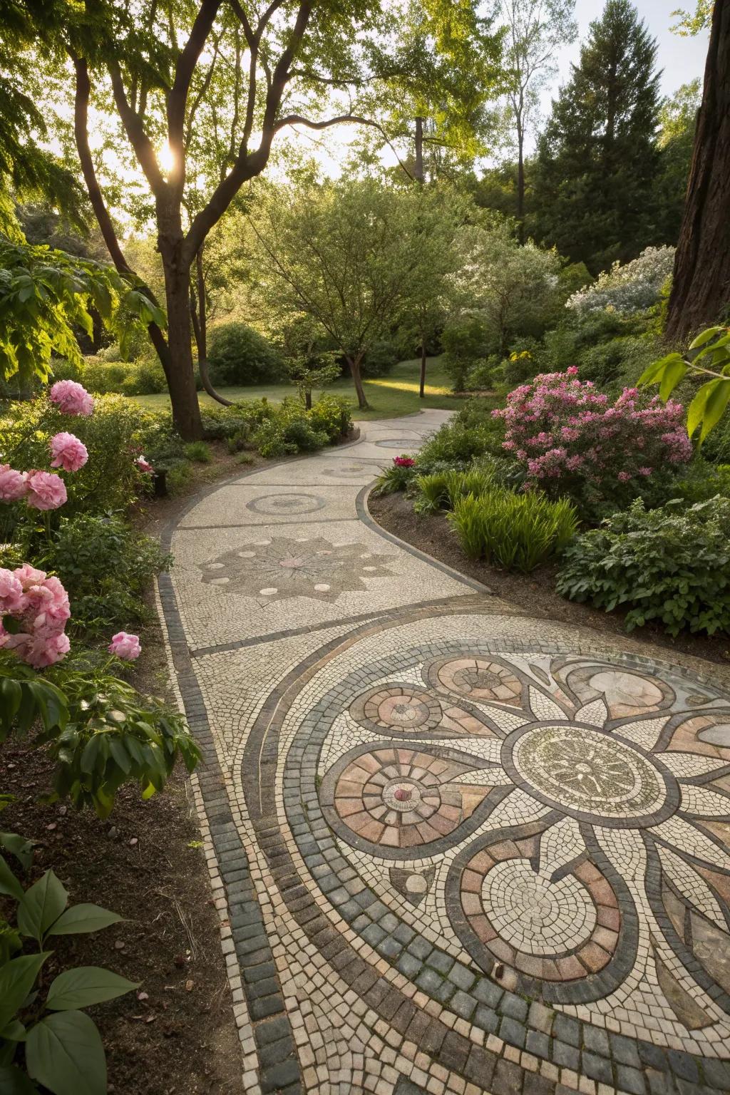 A captivating gravel mosaic adding artistic flair to a garden.