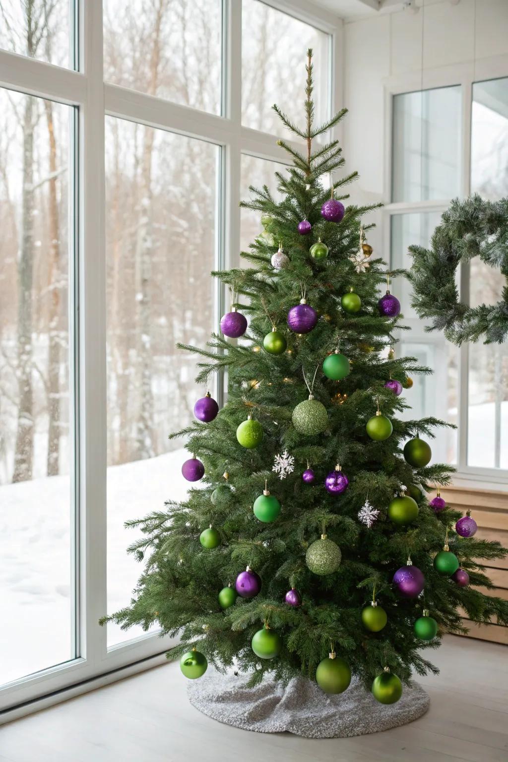 Revitalizing and surprising with emerald and lilac ornaments.