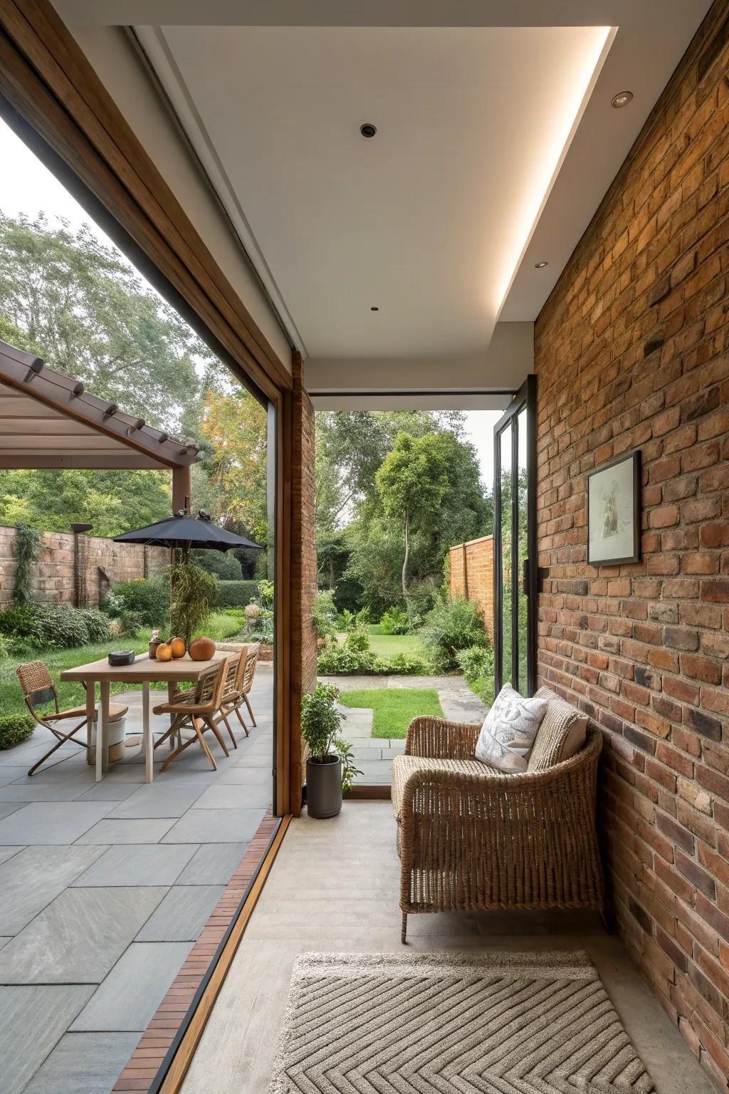 A seamless indoor-outdoor mix with a brick facade connecting the interior to a patio.