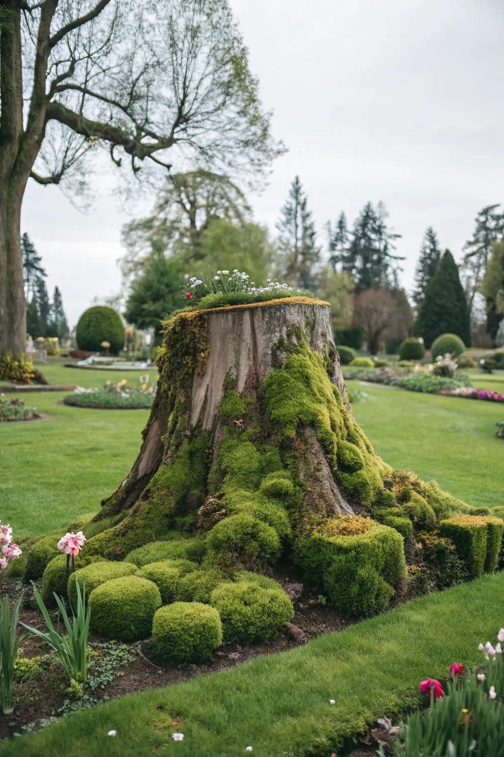 A vegetation-adorned tree stump artwork incorporates mystery to the garden.
