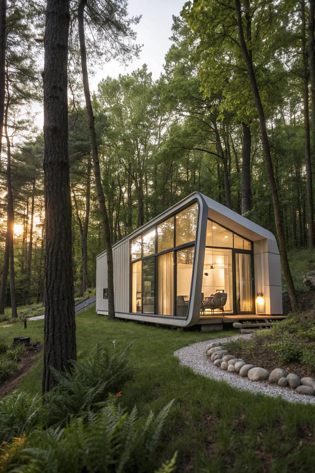 A futuristic Three-Dimensional Printed nature-inspired corner in the woods.