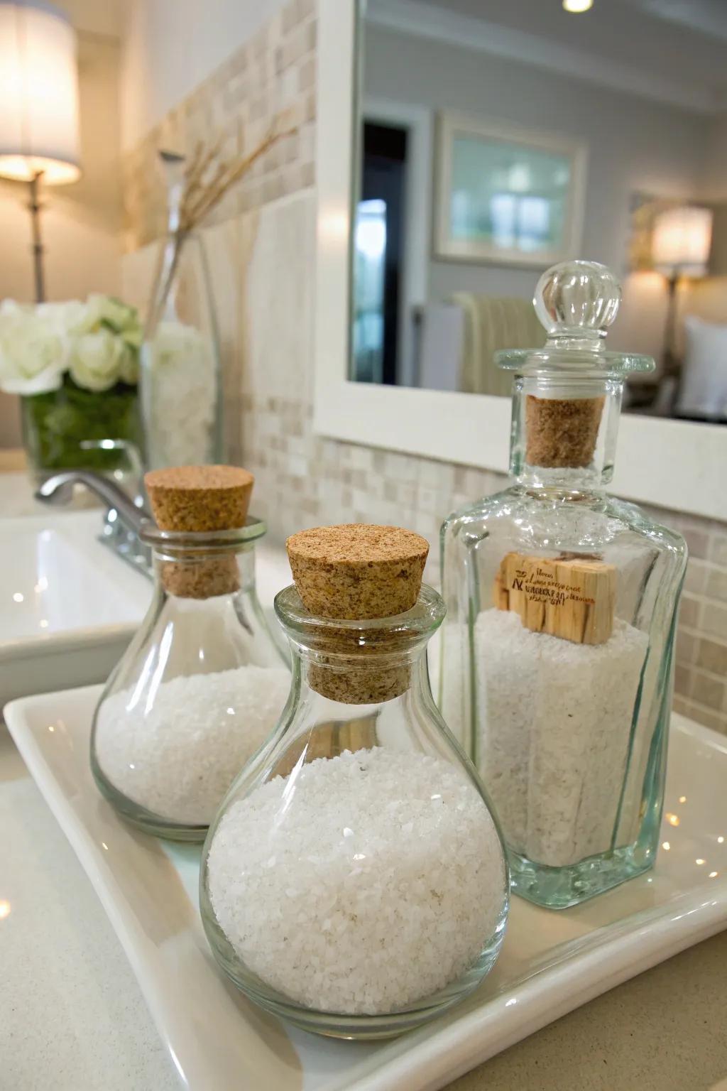 Elegant Epsom salt storage with cork-topped containers