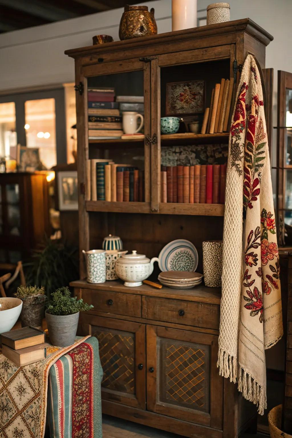 A mix of styles and textures creates a unique hutch display.